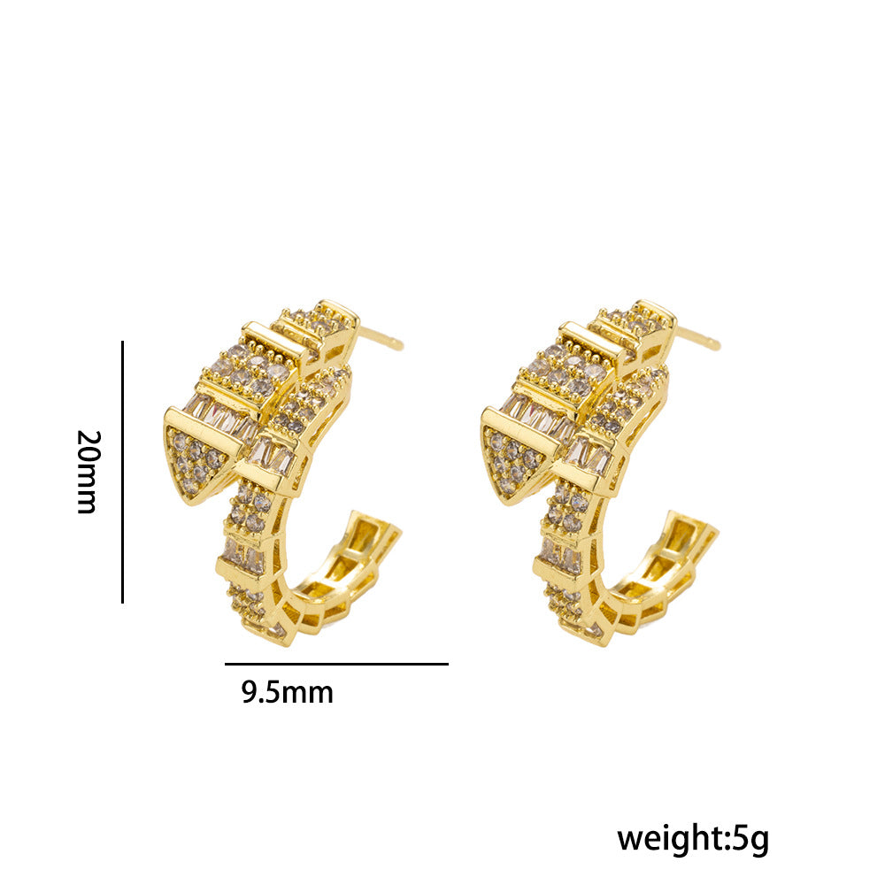 Luxury Minimalist Snake-Shaped Zircon Earrings for Women with Gold-Plated Copper Base and Elegant French Design