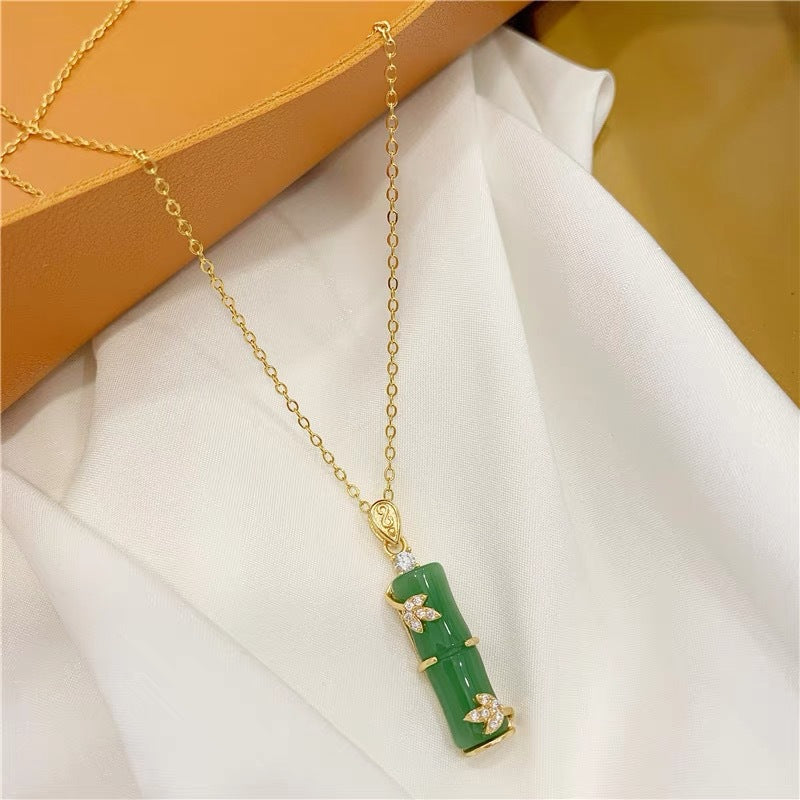 Minimalist Bamboo-Shaped Titanium Steel Pendant Necklace with Gold Plating, Geometric Design, O-Chain, Elegant Locket Style