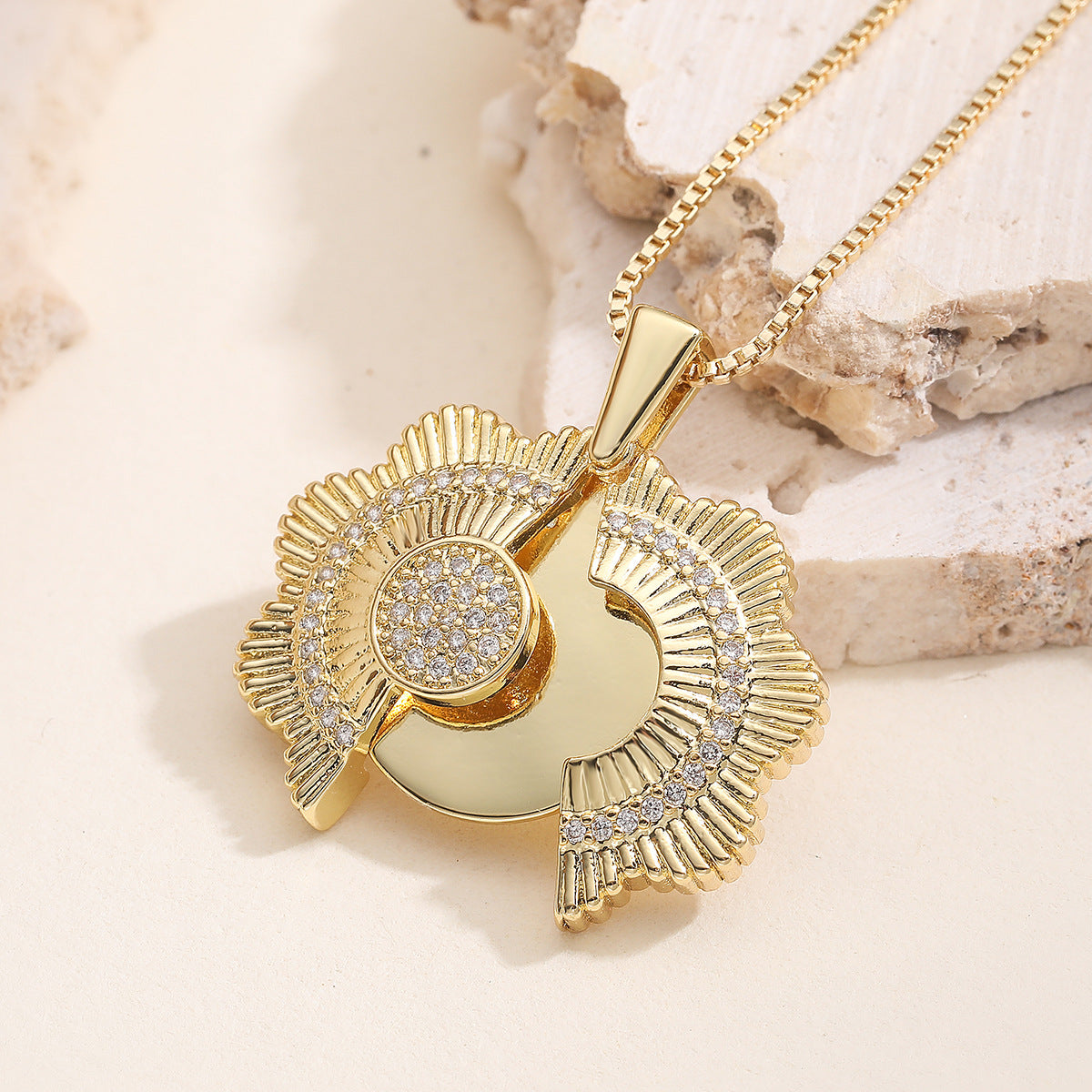 Minimalist Elegant 18K Gold Plated Brass Geometric Pendant Necklace with Cubic Zirconia for Women