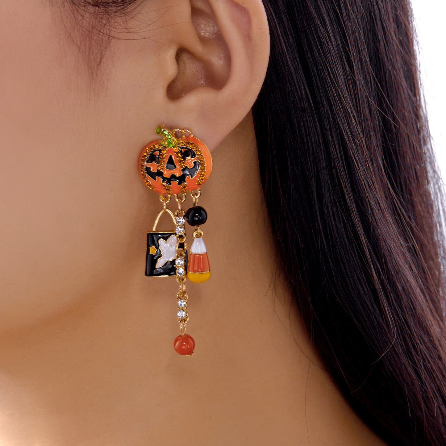 Casual Alloy Plated Drip Oil Rhinestone Pumpkin Ghost Drop Earrings