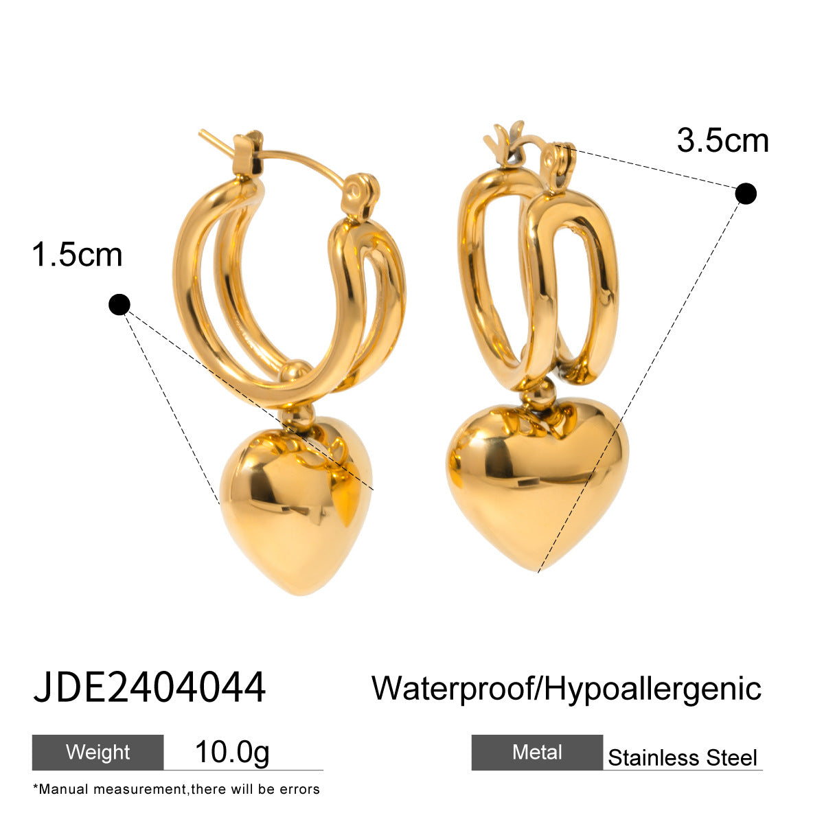 Orecchini scorrevoli a forma di cuore in acciaio inossidabile placcato oro 18K da donna