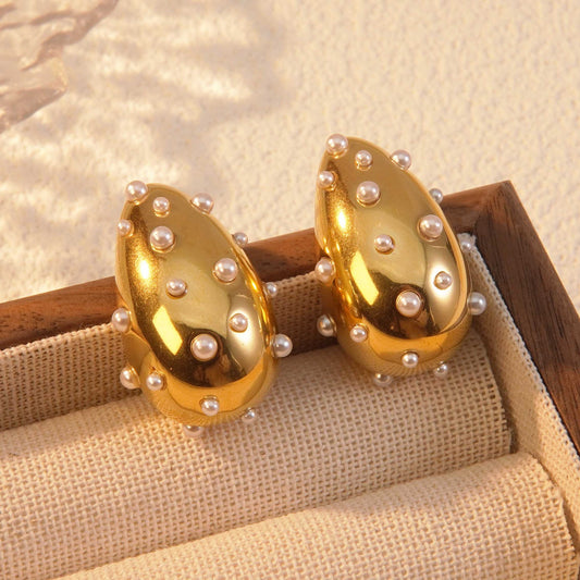 Luxury 18K Gold Plated Geometric Teardrop Round Oval Stainless Steel Pearl Earrings