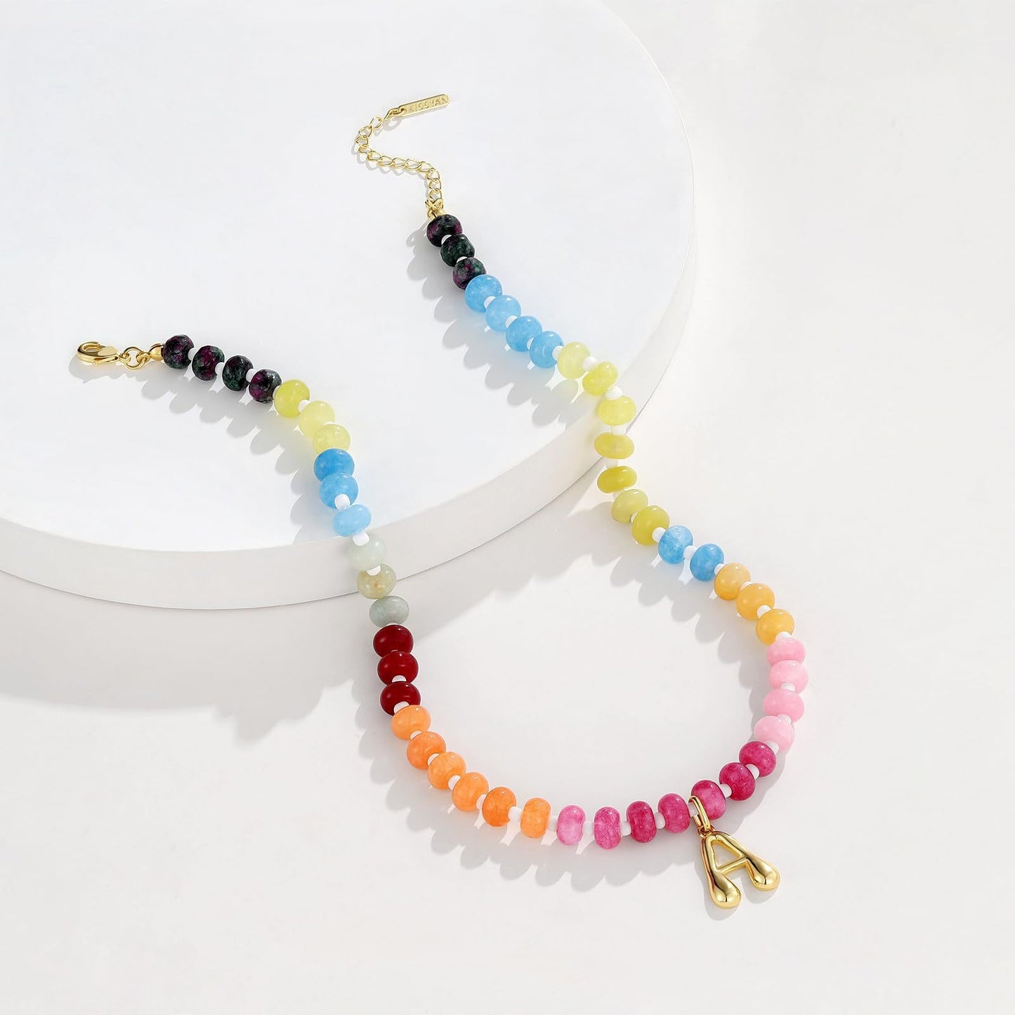 Colorful Abacus Bead Choker Necklace with 26 Bubble Letter Brass Pendants Serpentine Chain Unisex Stone Jewelry
