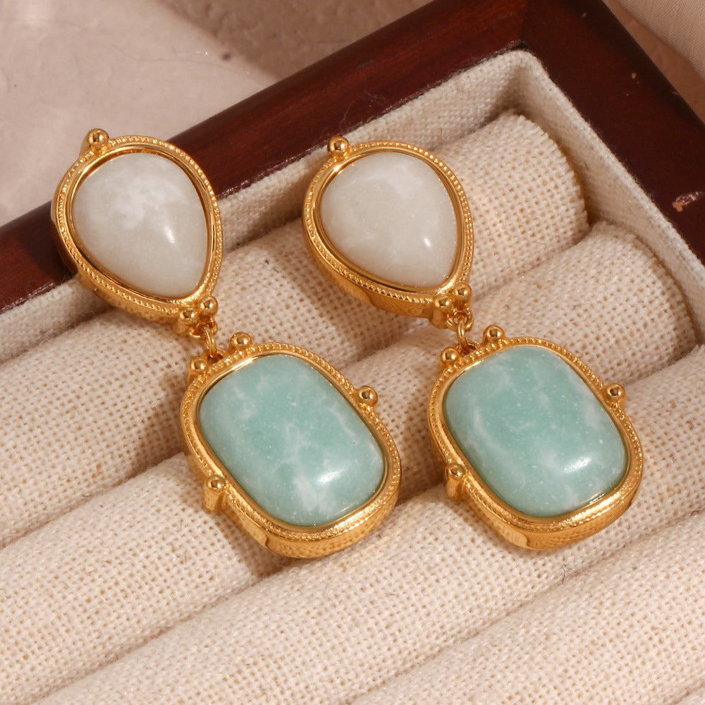 Geometric French-Inspired Fashion Earrings in Titanium Steel with 18K Gold Plating and Natural Lapis Lazuli Accents