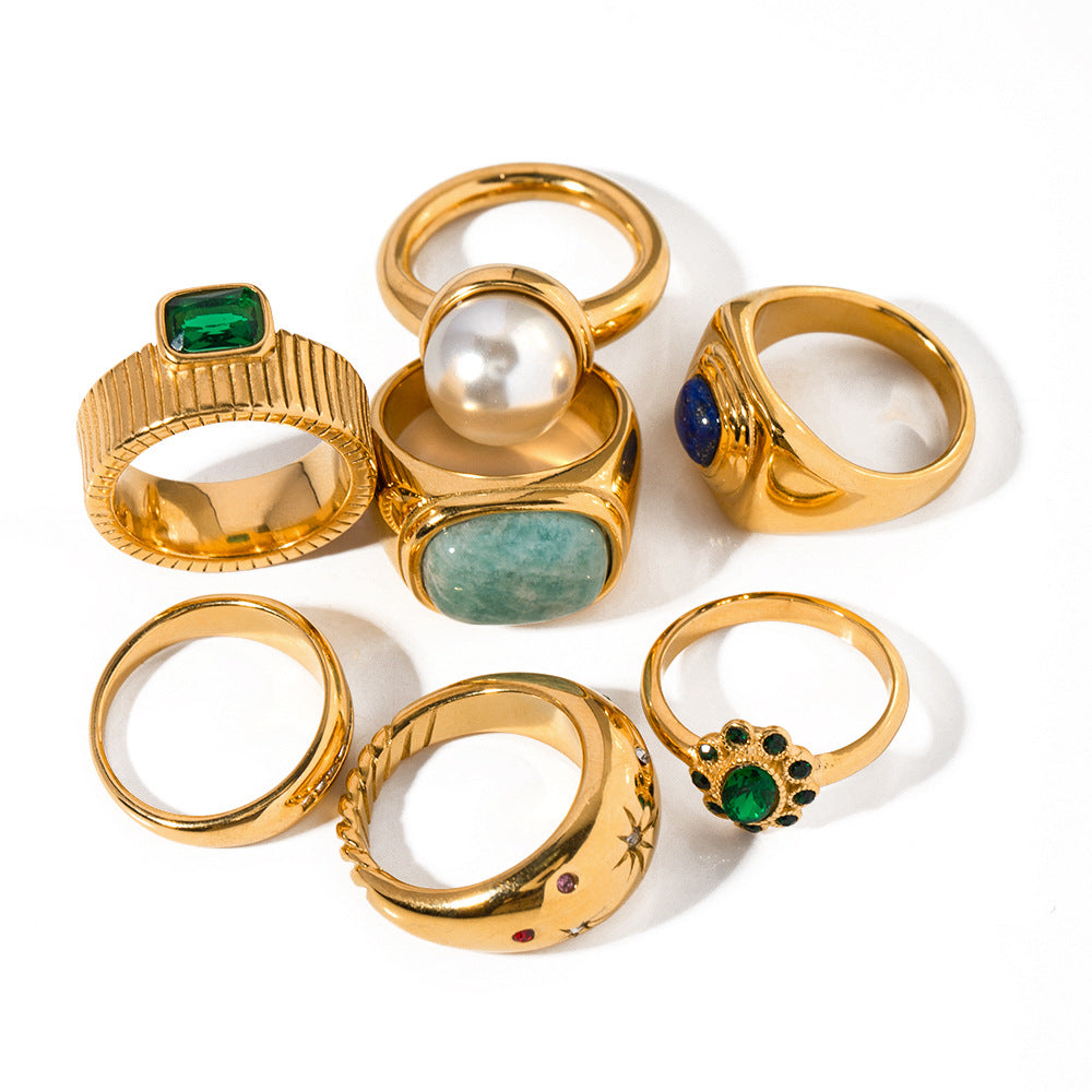 18K Gold Plated Geometric Round Stainless Steel Ring with Cubic Zirconia for Women