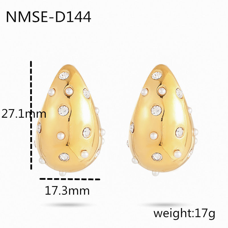Fashionable Water-Drop-Shaped Titanium Steel Earrings with Pearl Accents and 18K Gold Plating for Women