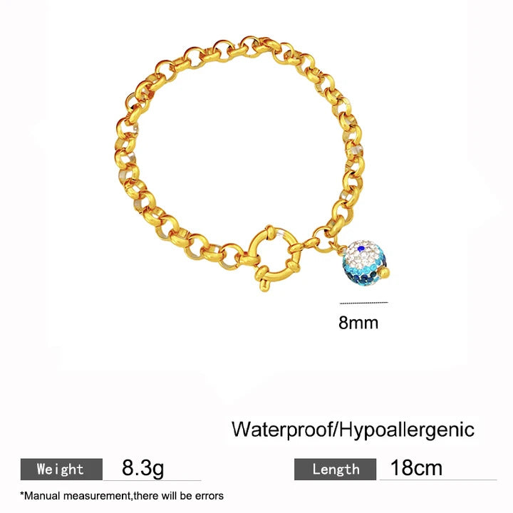 Luxury Rhinestone Inlaid Geometric Eye Cuban Link Chain Charm Bar Titanium Steel Bracelet