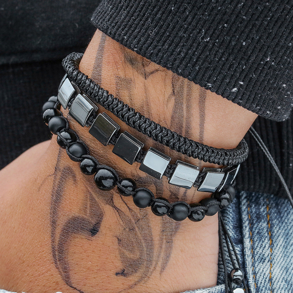 New Chinese Style Square and Round Hematite Handmade Beaded Bracelet for Men and Women