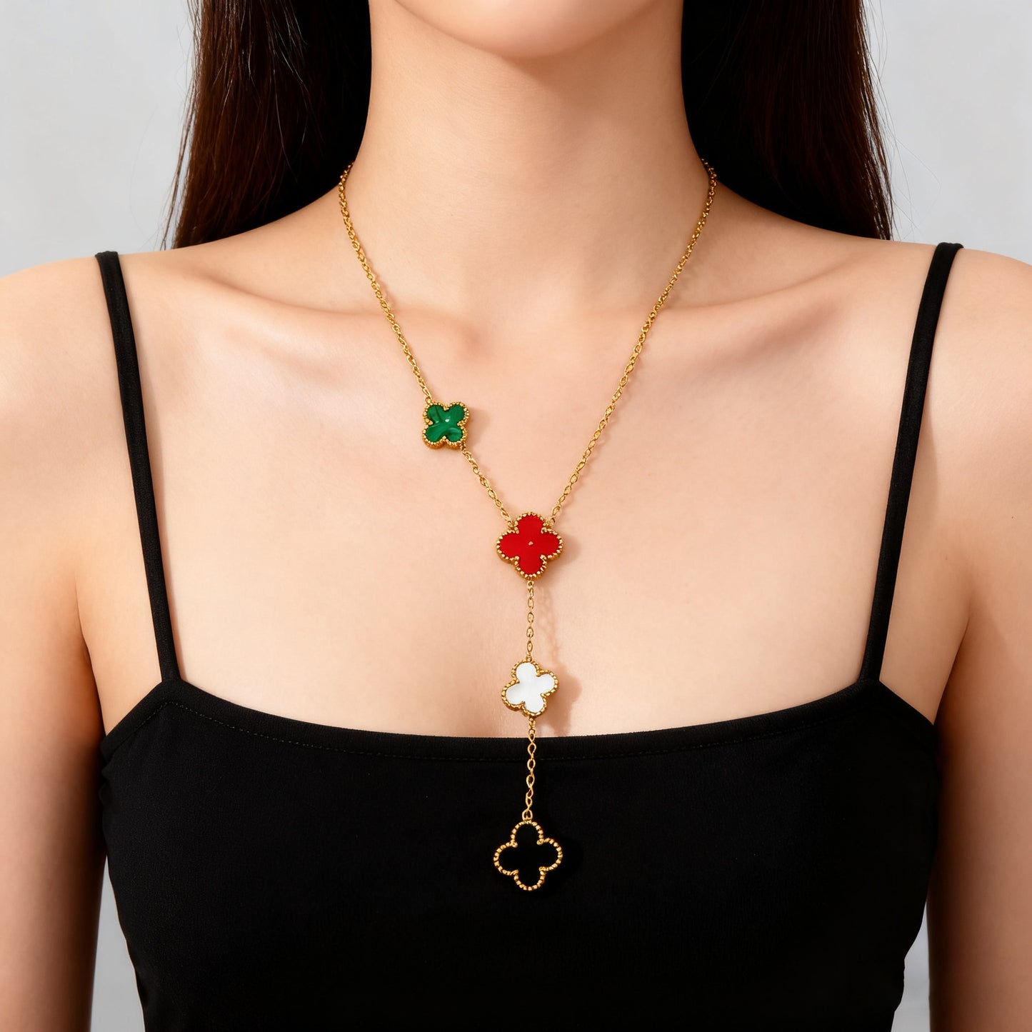 Minimalist Double-Sided Four-Leaf Clover Geometric Titanium Steel Plated Pendant Necklace with Tassel for Unisex