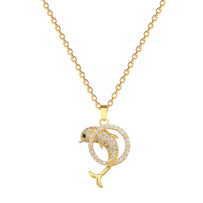 Sweet Minimalist Geometric Cartoon Dolphin Full Rhinestone Brass Pendant Titanium Steel Necklace for Unisex