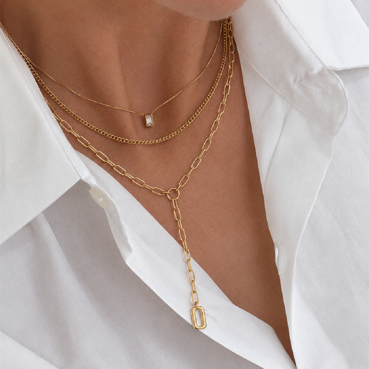 Elegant Rectangle Geometric Cubic Zirconia Pendant PVD Stainless Steel Necklace for Women