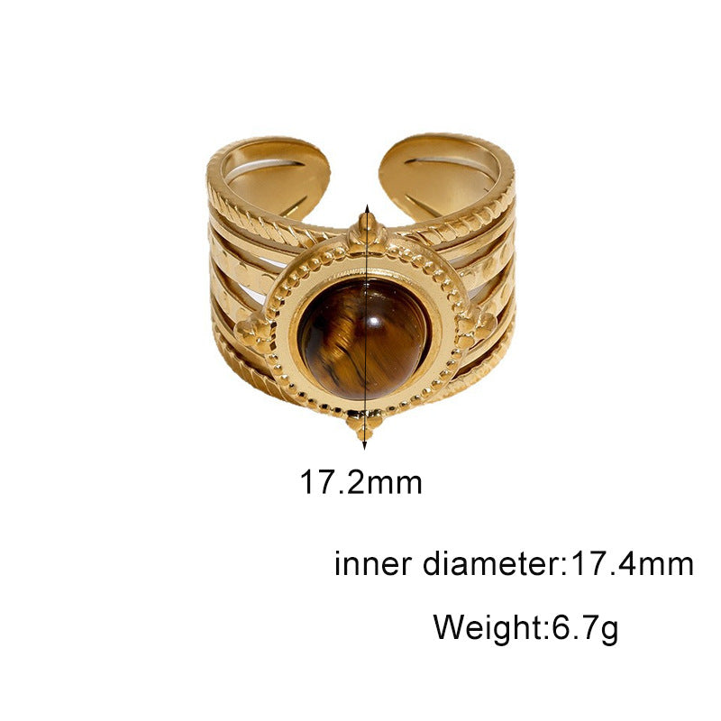 Vintage 18K Gold Plated Titanium Steel Open Ring with Tiger's Eye Inlay Round Oval Crown Design