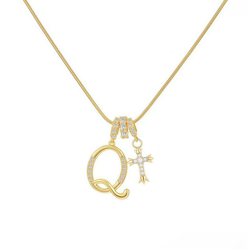 Sweet 22K Gold Plated Letter Titanium Steel Pendant Brass Cable Chain Necklace Unisex