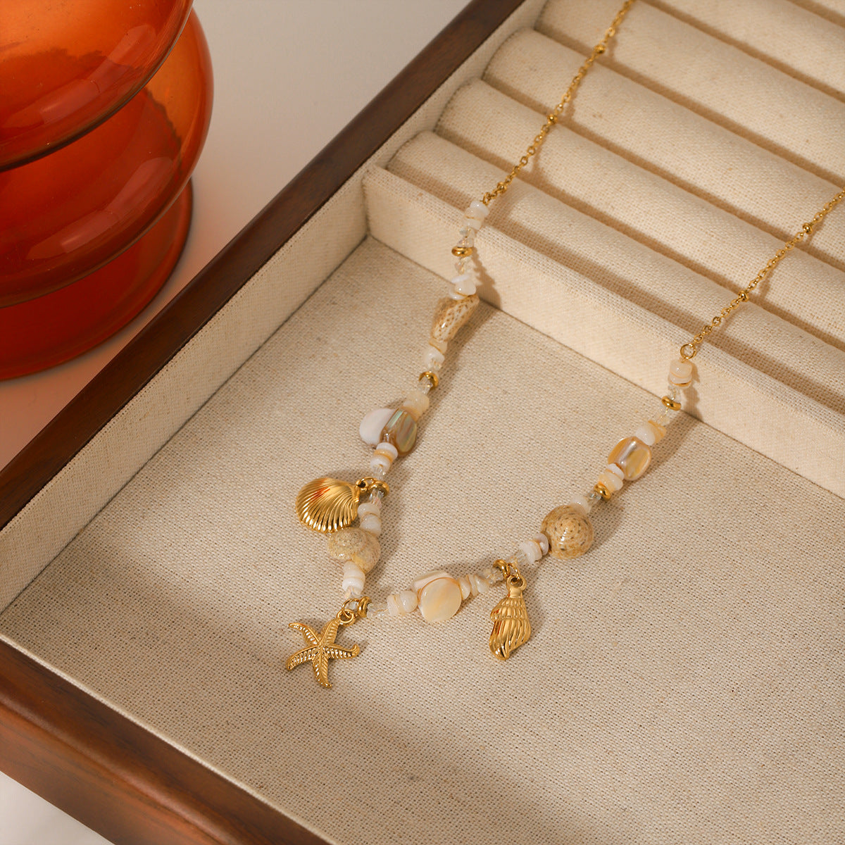 Minimalist Seashell and Starfish Pendant Necklace in Stainless Steel with Electroplated Finish for Women