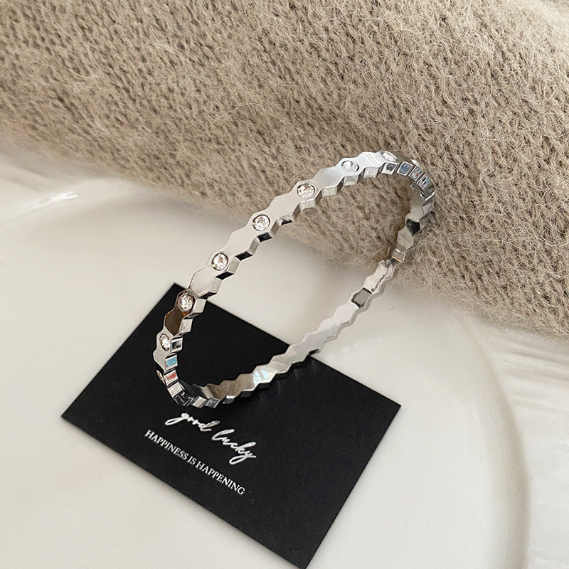 Minimalist Luxury Geometric Cubic Zirconia Plated Titanium Steel Half Bangle