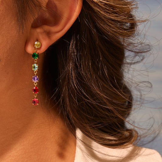 Aretes de acero inoxidable geométricos de moda con incrustaciones de circonita colorida chapados para mujer