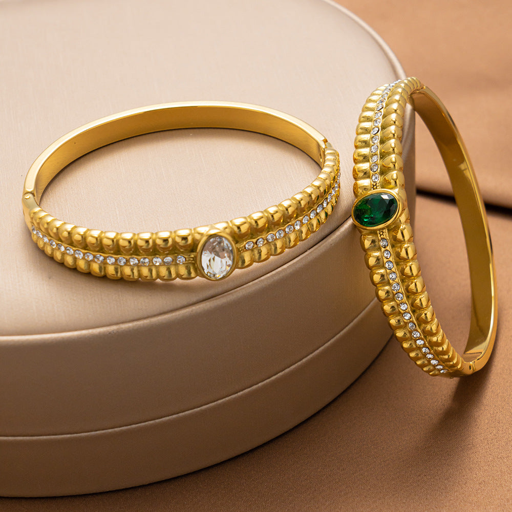 Bracciale da donna in acciaio inossidabile a rombi cavi stile vintage con intarsio in zircone verde