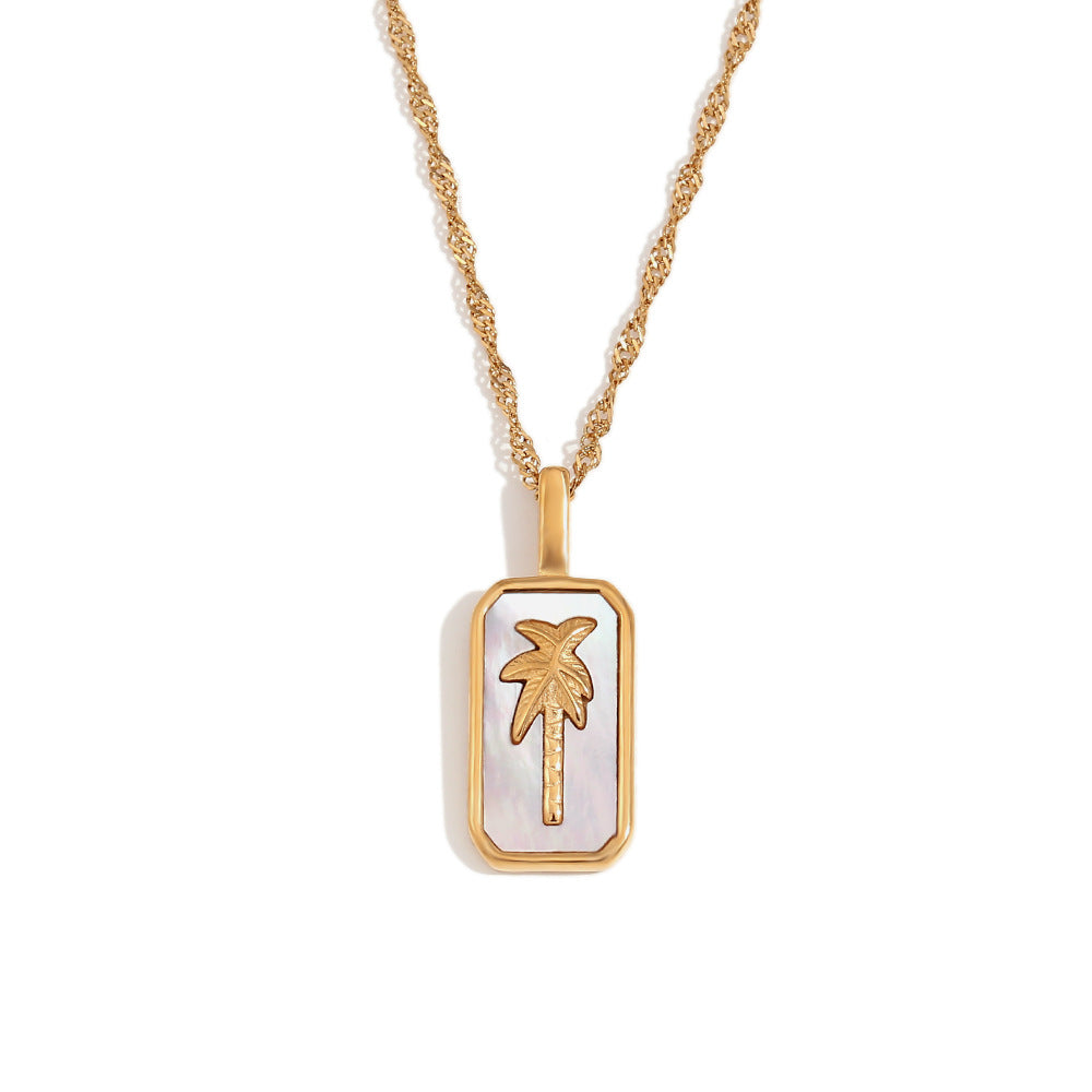 Fashionable Geometric Stainless Steel Plated 18K Gold Pendant Necklace with Mother-of-Pearl and Coconut Tree Design for Women