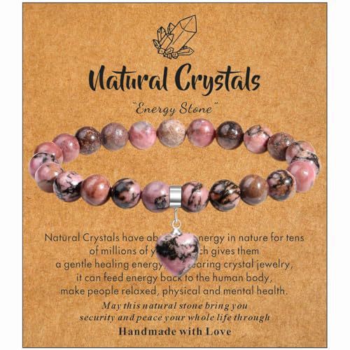 Minimalist 8mm Crystal Beaded Bracelet with Heart Pendant Polished Rose Quartz Rhodonite Elastic String