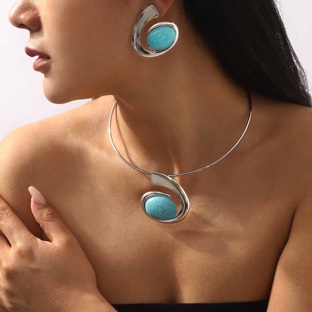 Set Collana con Pendente Turchese Geometrico Bohemien con Orecchini Gioielli in Ferro Galvanizzato