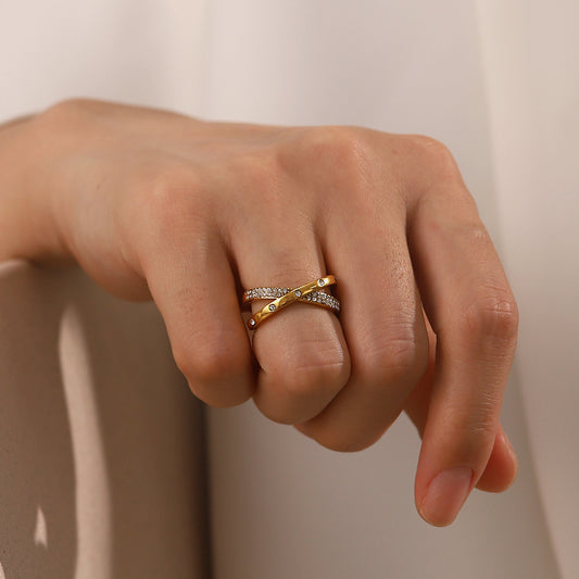 Minimalist French-Inspired Geometric Stainless Steel Ring with 18K Gold Plating, White Rhinestone Inlay, and Adjustable Open Band for Women