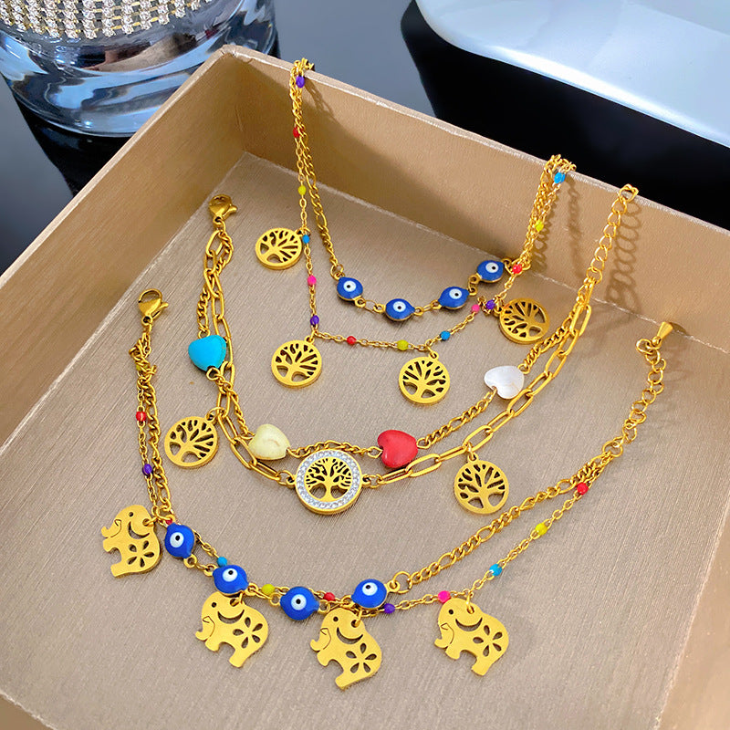Unique Blue Eye Tree of Life Double Layer Titanium Steel Bracelet with Cute Elephant and Plant Pendant