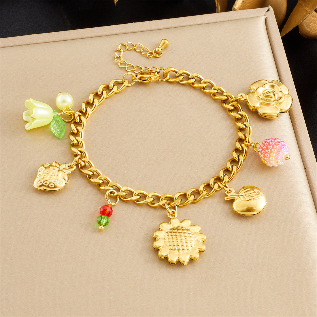 Gold Plated Stainless Steel Sunflower and Lily of the Valley Floral Pendant Necklace and Bracelet Set for Women