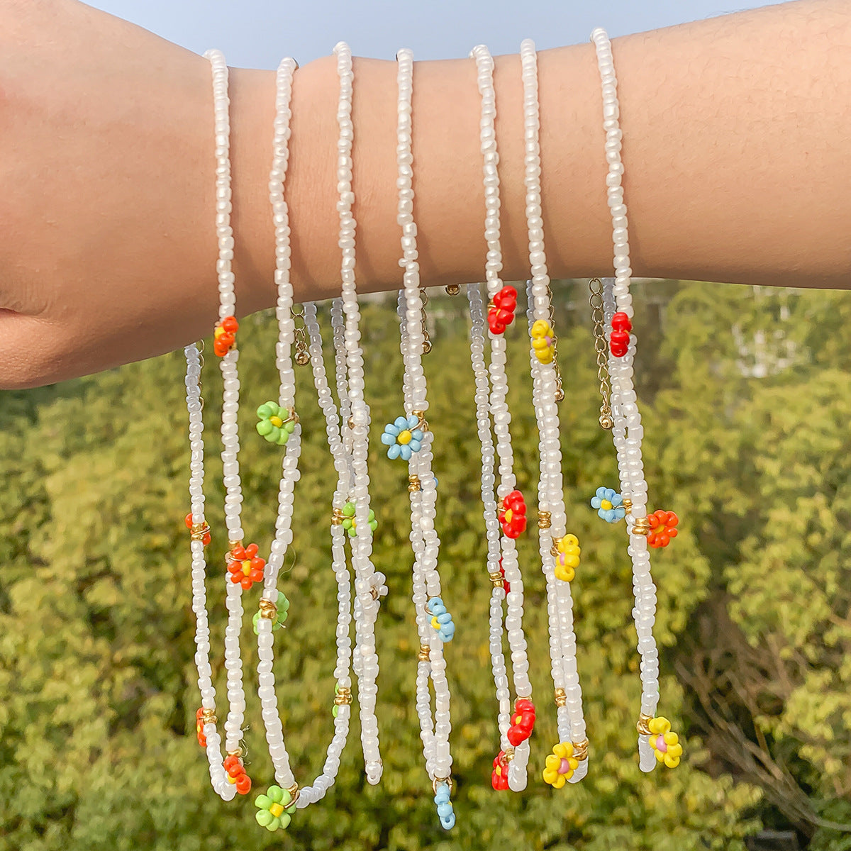 Bohemian Floral Letter Daisy Imitation Pearl Beaded Choker Necklace for Women