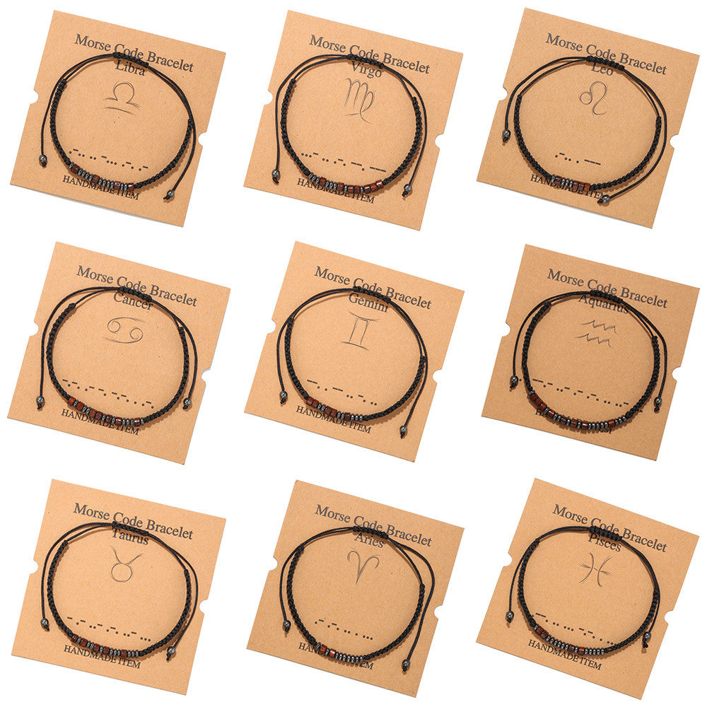 Morse Code Zodiac Wood Beaded Bracelet Round Geometric Unisex