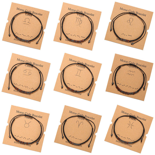 Morse Code Zodiac Wood Beaded Bracelet Round Geometric Unisex