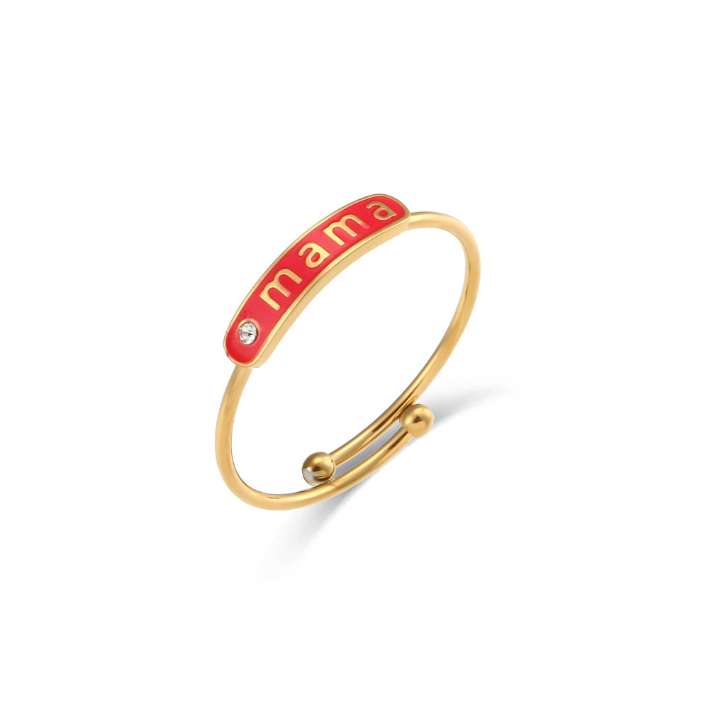 Anillo Ajustable "Mama" de Acero Inoxidable con Baño de Oro de 18K y Acabado Esmaltado, Forma Geométrica, Estilo Casual y a la Moda