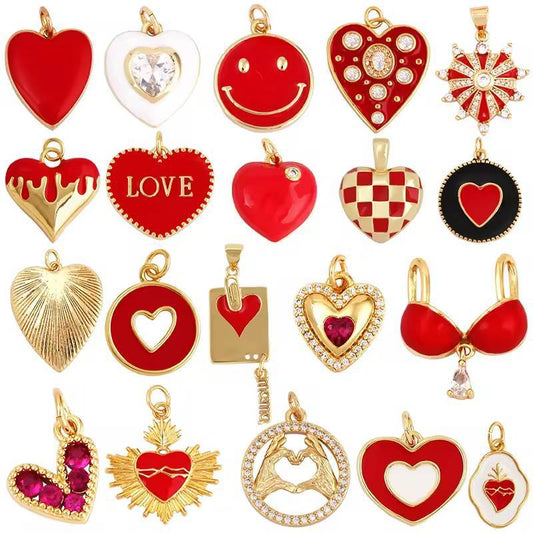 Fashion Heart Shaped Brass Pendant with Cubic Zirconia Inlay Drip Oil Plated Charm Bar for DIY Jewelry
