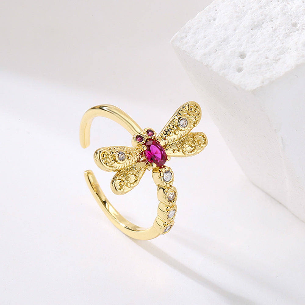 Minimalist Butterfly and Dragonfly Shaped Adjustable Copper Ring with Real Gold Plating and Zircon Inlay for Women