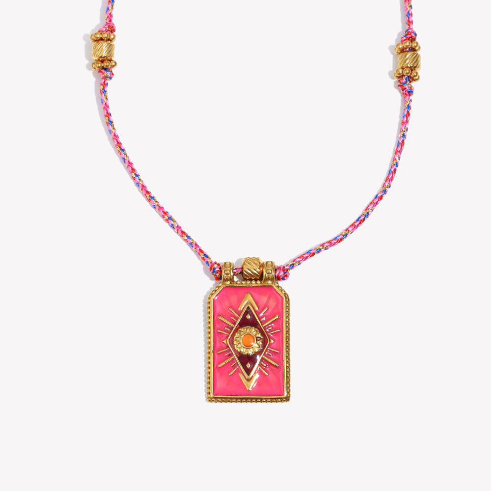 Minimalist Geometric Stainless Steel Plated 18K Gold Handwoven Colorful Cord Eye Charm Necklace for Women