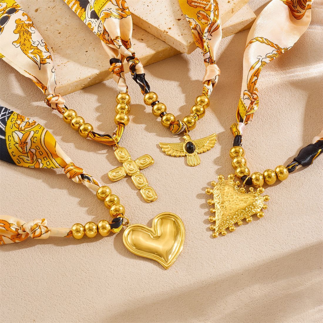Vintage Gold Plated Stainless Steel Heart Cross Floral Pendant Necklace for Women