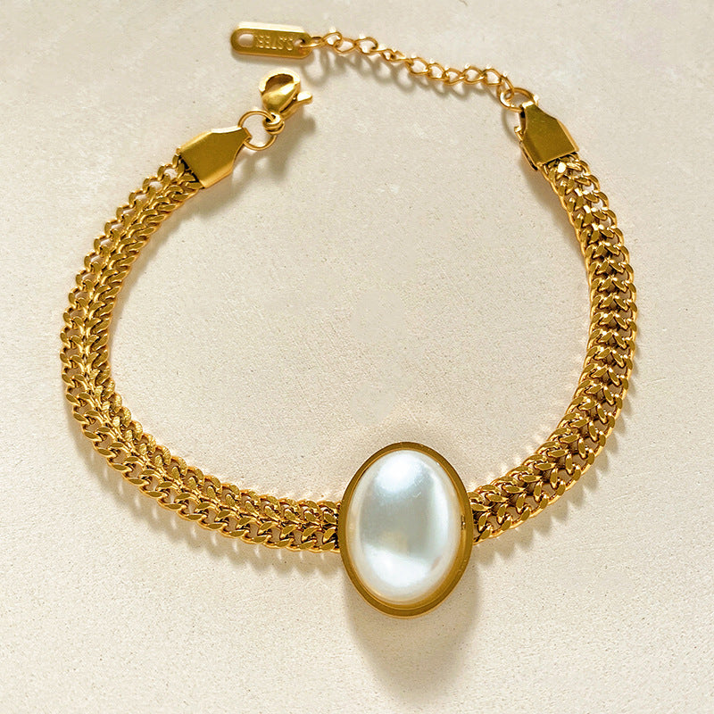 Plated Titanium Steel Curb Chain Bracelet with Pearl Inlay Unisex