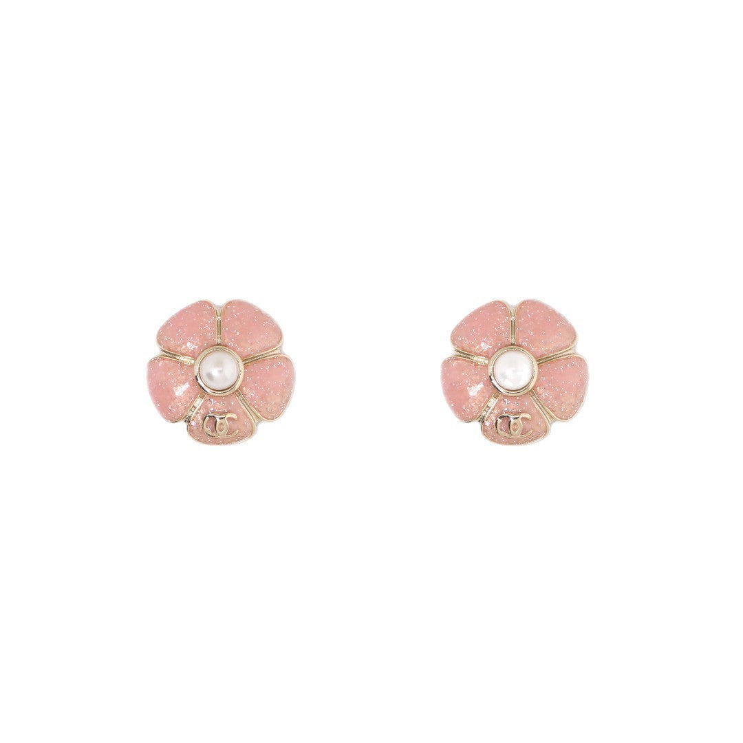 Vintage Elegant Gold Plated Brass Enamel Camellia Flower Earrings with 925 Sterling Silver Posts