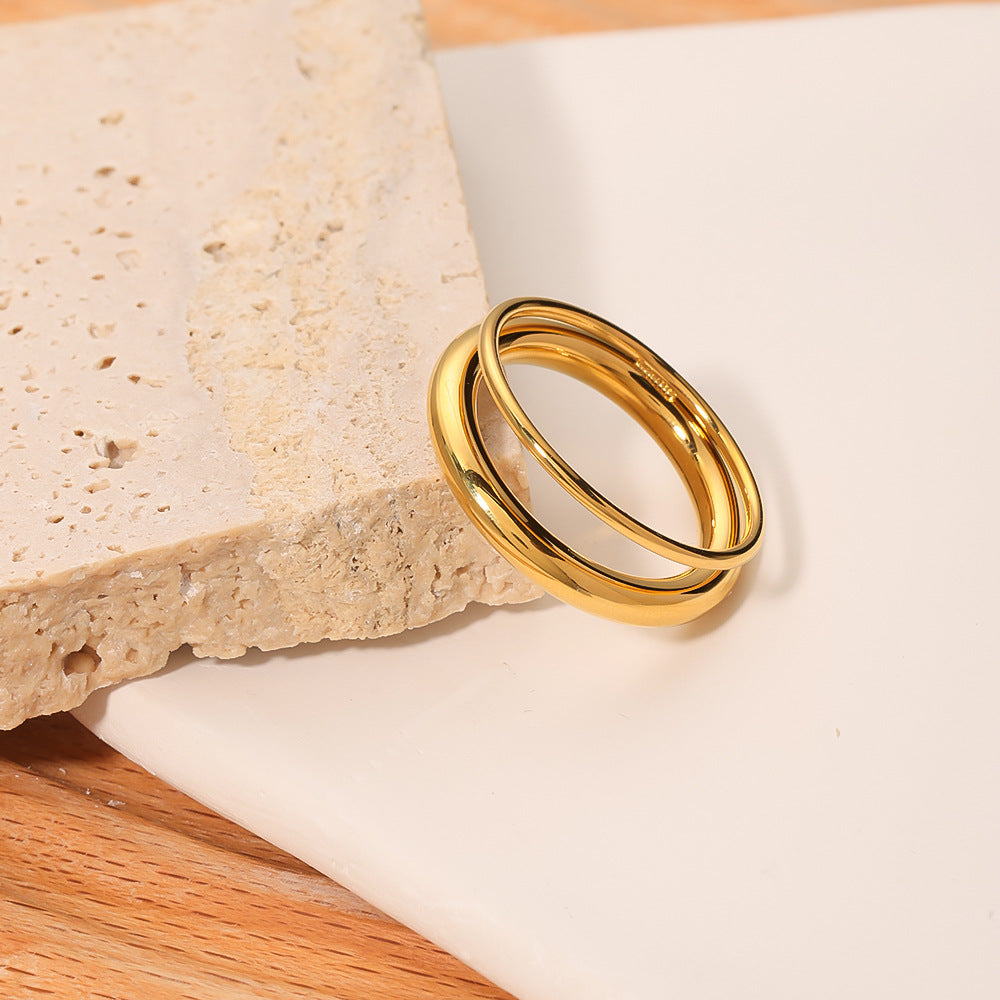 Minimalist Geometric Stainless Steel Double-Layer Hollow Band Ring for Women with Plated Finish