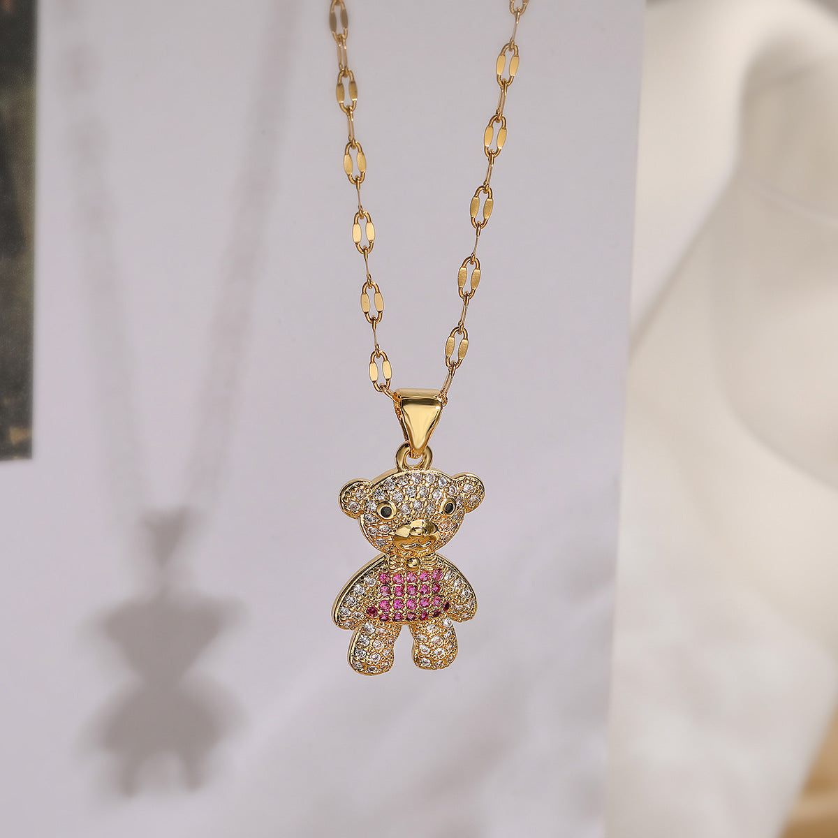 Minimalist Bear-Shaped Copper Pendant Necklace with Gold Plating and Zircon Accents for Women