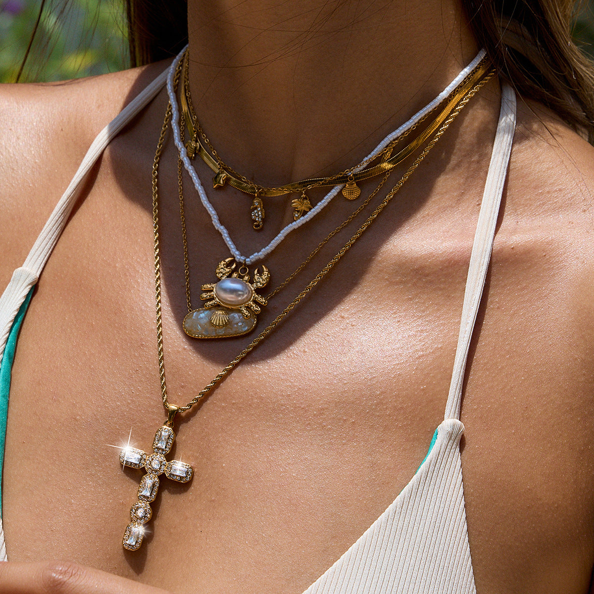 Collana geometrica placcata in acciaio al titanio da donna con motivo a granchio, catena minimalista stile a strati per clavicola