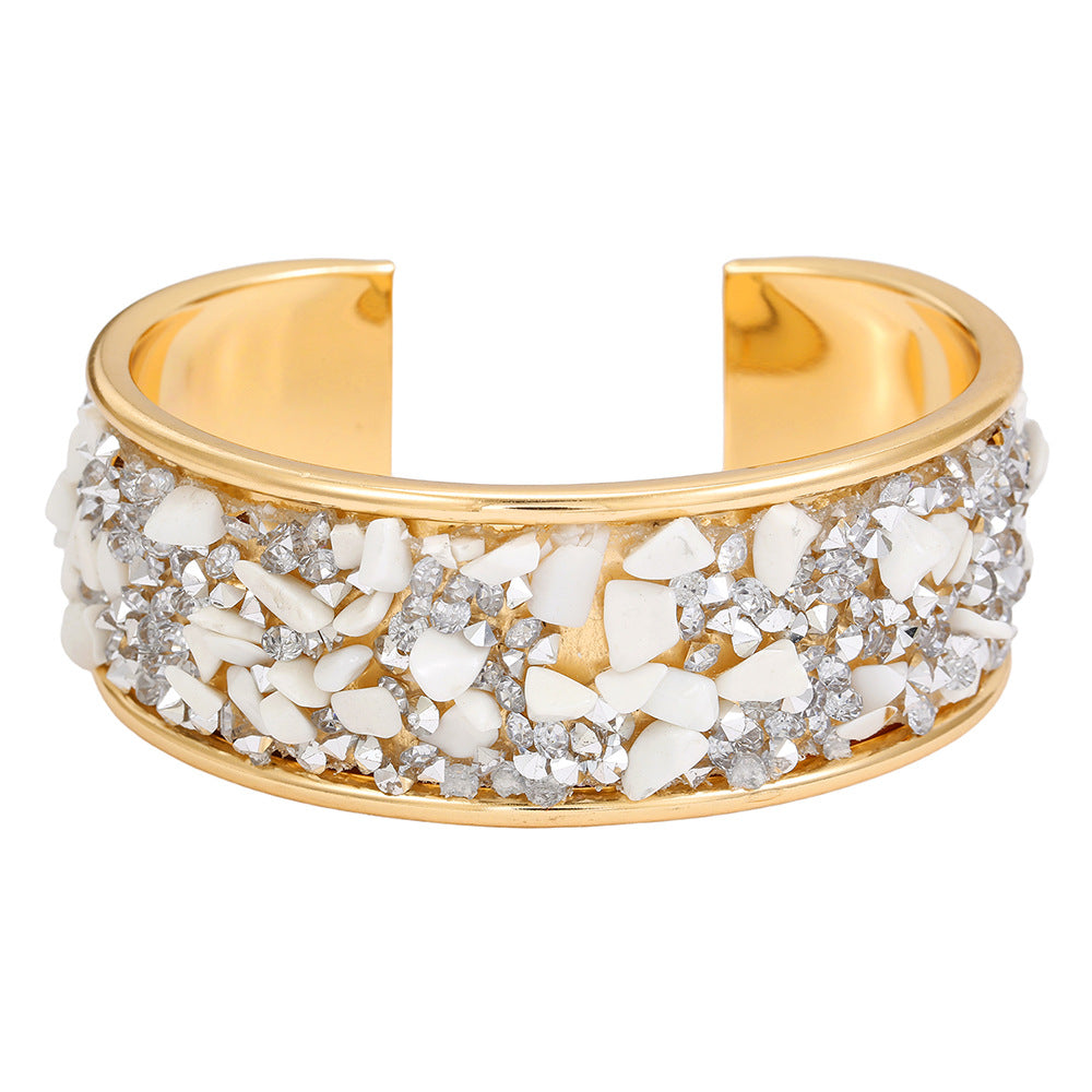 Exaggerated Geometric Round Rhinestone Inlay Plated Alloy Open Cuff Bracelet