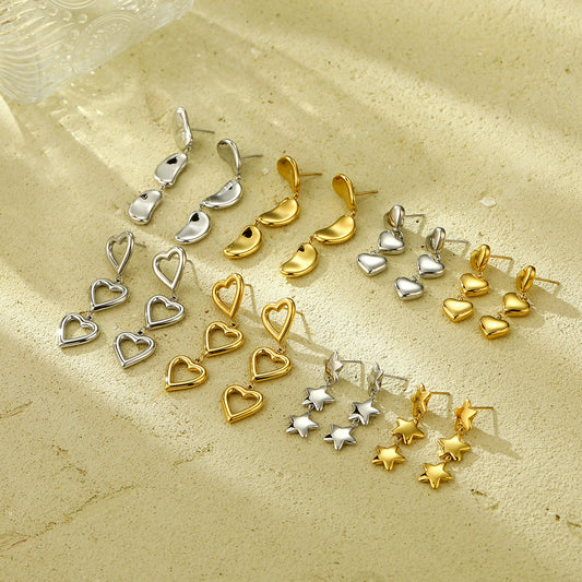 Vintage Heart and Star Shaped 18K Gold Plated Titanium Steel Stud Earrings with Geometric Design