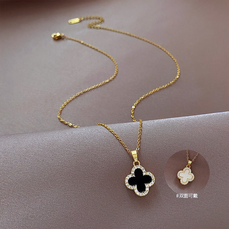 Elegant Four-Leaf Clover Pendant Necklace for Women in Titanium Steel with Plated Finish, Minimalist Clavicle Chain for Summer Layering