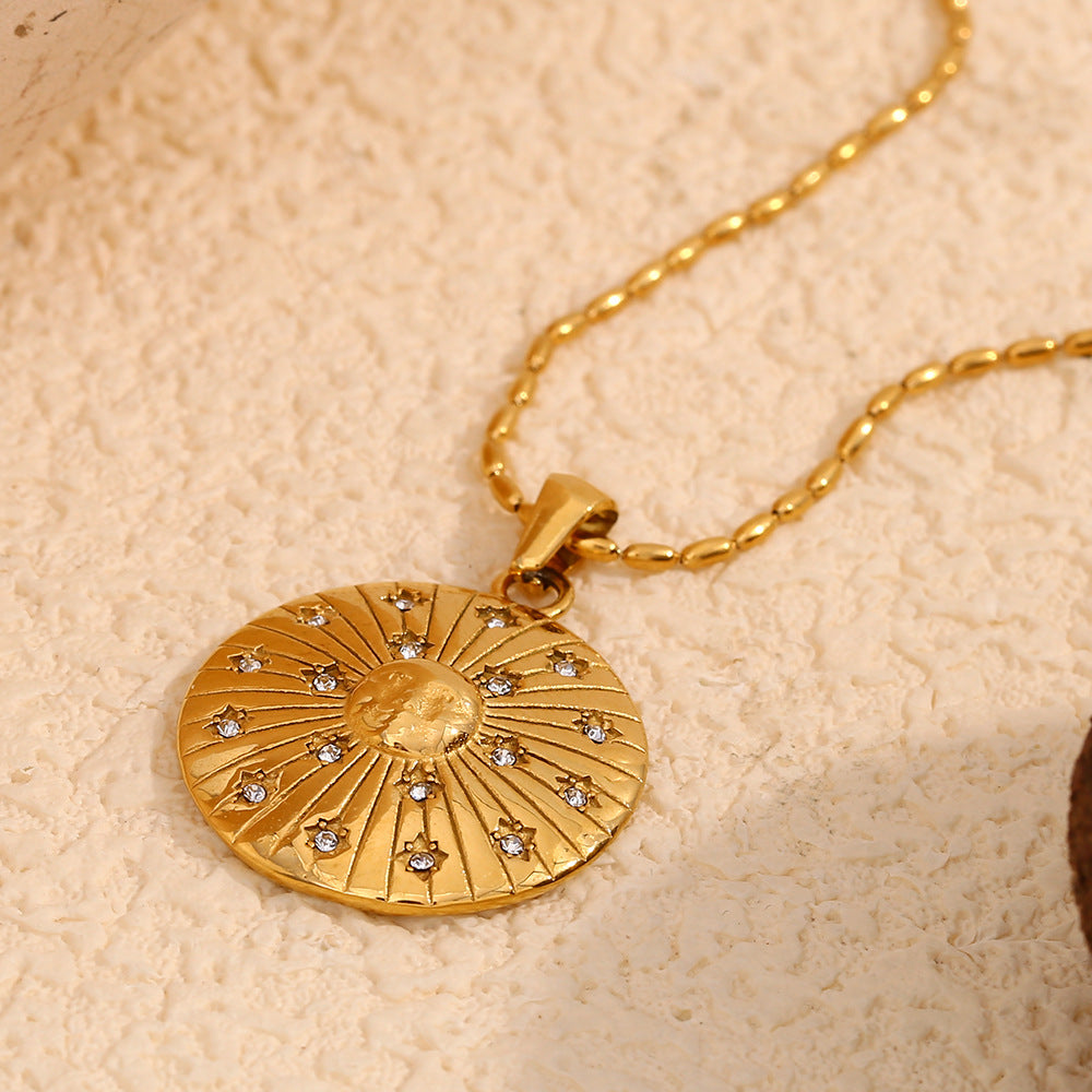 Vintage Compass Pendant Necklace with Geometric Four-Pointed Star Design, Stainless Steel Body, Titanium Steel Pendant, 18K Gold Plated Finish