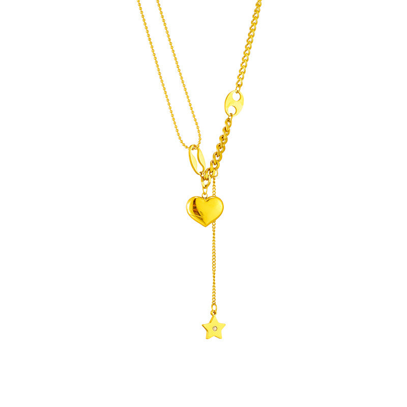 Minimalist 3D Heart and Star Pendant Stainless Steel Necklace for Women
