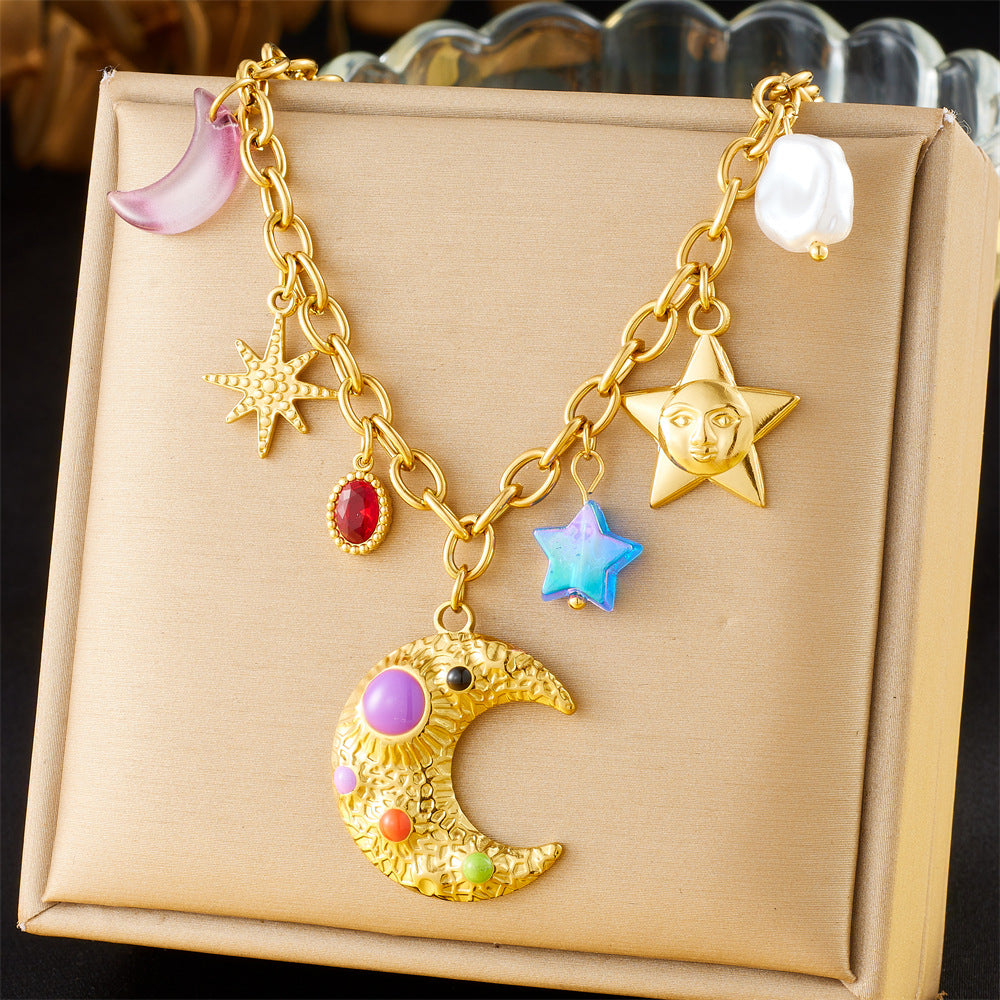 Elegant Stainless Steel Drip Oil Moon Sun Flower Pendant Necklace with Cable Chain for Women