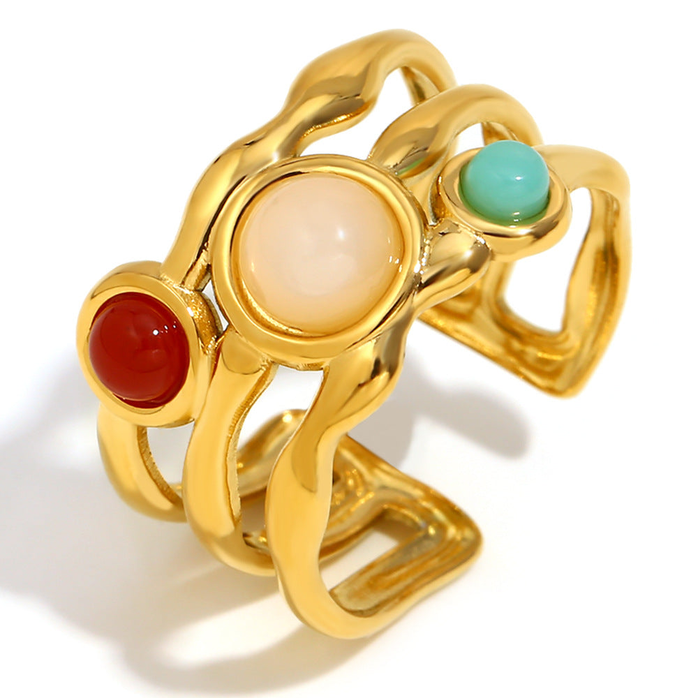 Minimalist Geometric Stainless Steel Ring with 18K Gold Plating and Multicolor Gemstone Accents for Women