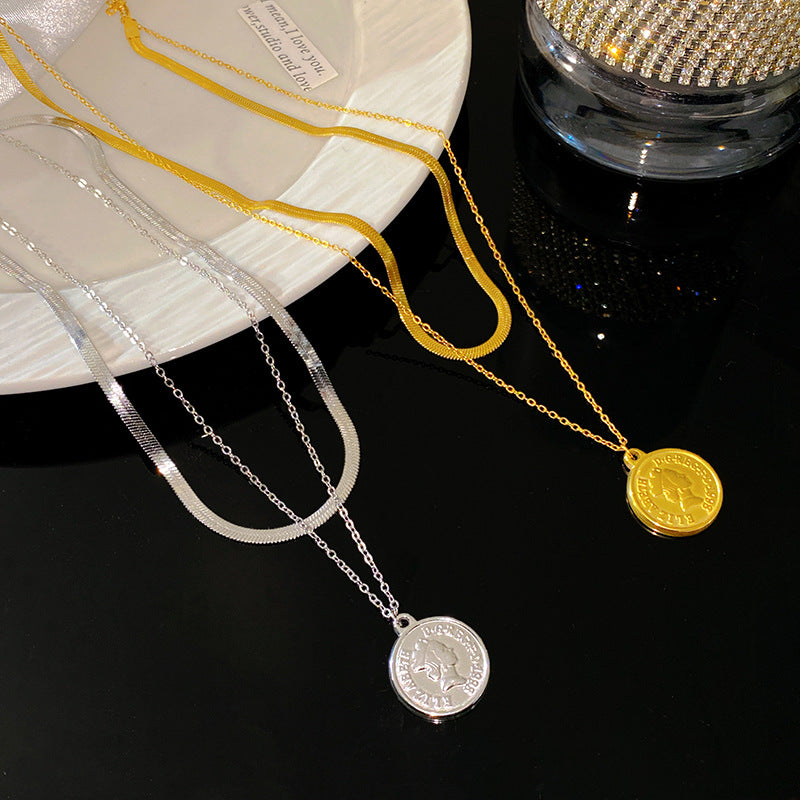 Sweet Streetwear Round Geometric Titanium Steel Plated Pendant Snake Chain Necklace for Unisex