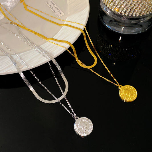 Sweet Streetwear Round Geometric Titanium Steel Plated Pendant Snake Chain Necklace for Unisex