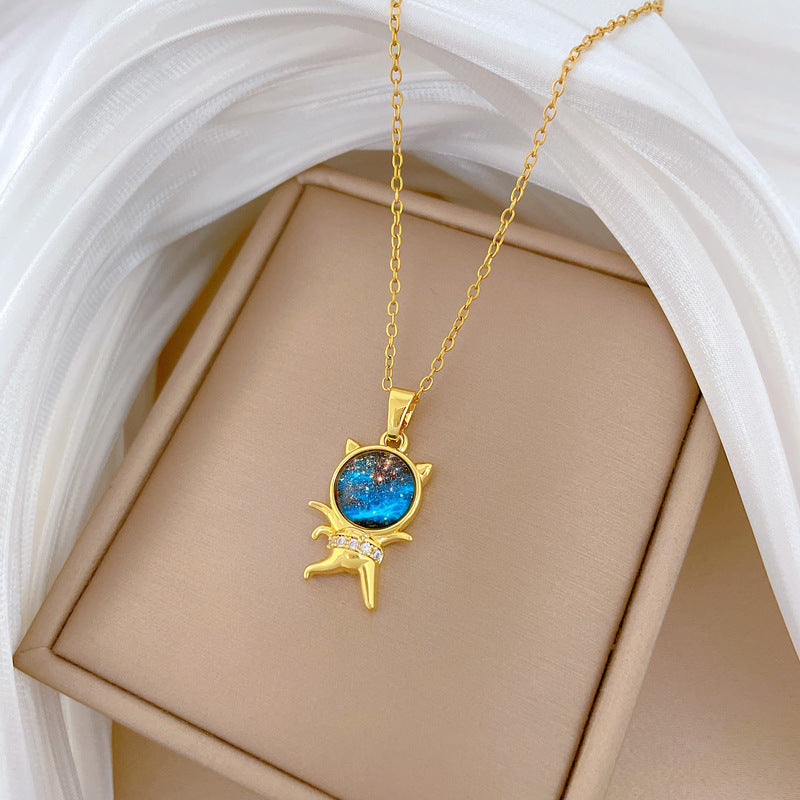 Cartoon Style Starry Sky Cat Pendant Necklace for Women in Titanium Steel with Rhinestone Inlay, Delicate Clavicle Chain